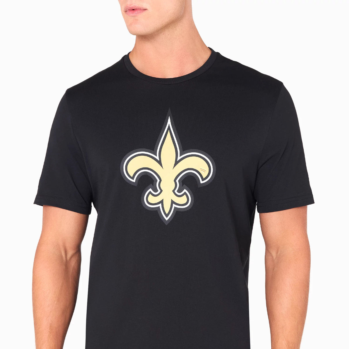 New Era New Orleans Saints NFL Black T-Shirt, front view featuring a large debossed gold fleur-de-lis logo centred on the chest against the black fabric, short sleeves and a rounded neckline.
