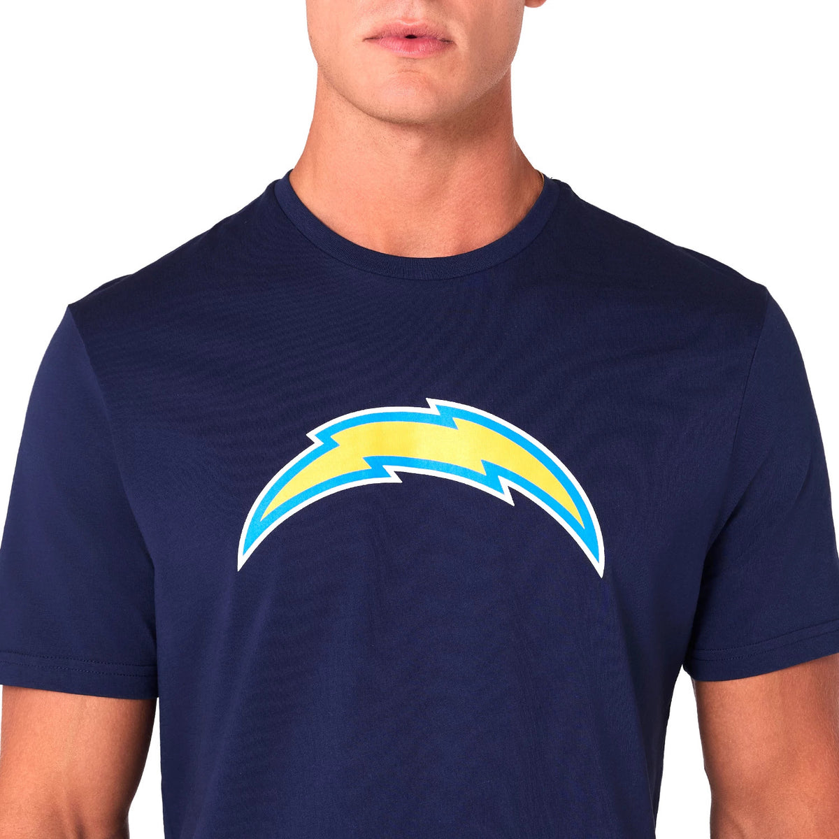 New Era LA Chargers NFL Blue T-Shirt, front view showing the bold yellow and blue lightning bolt logo printed across the chest on a plain navy background.