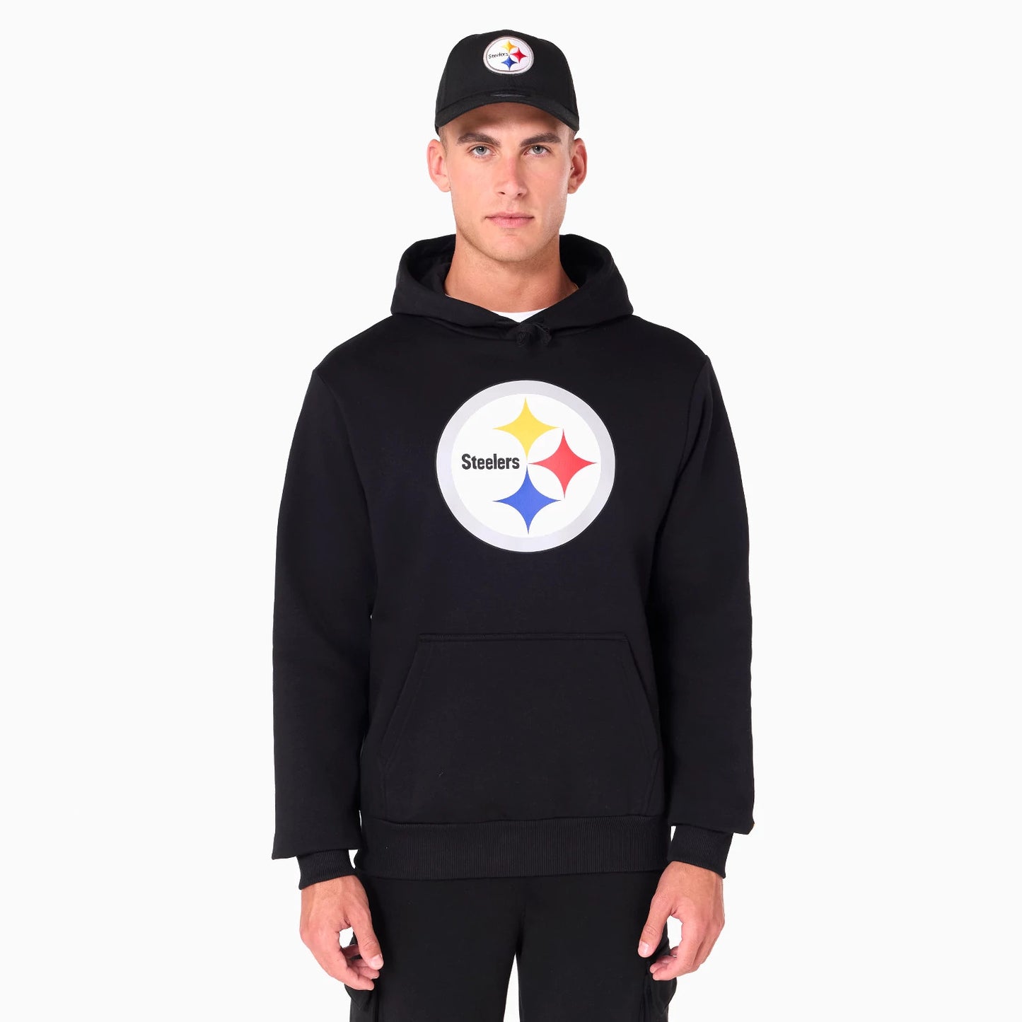 The Male model is wearing Pittsburgh Steelers NFL Black Pullover Hoodie 1