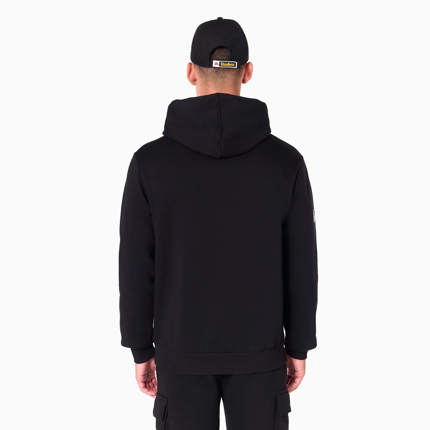 The Male model is wearing Pittsburgh Steelers NFL Black Pullover Hoodie 2