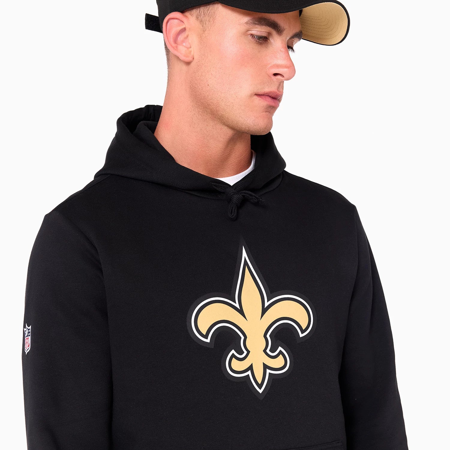 The Male model is wearing New Orleans Saints NFL Black Pullover Hoodie 4
