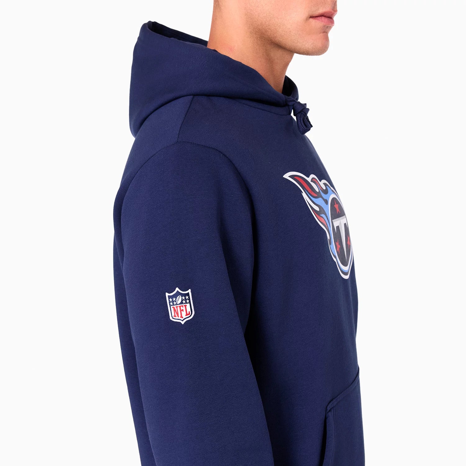 The Male model is wearing Tennessee Titans NFL Navy Pullover Hoodie 4