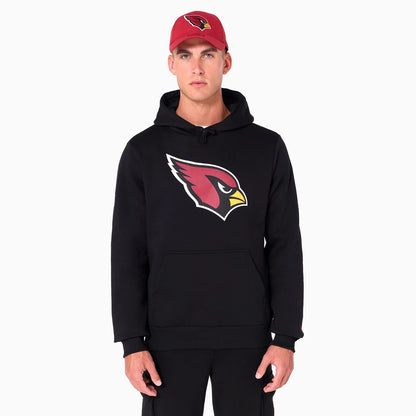 New Era Arizona Cardinals NFL Black Pullover Hoodie, on-model view showing the black hoodie with a large coloured team logo centred on the chest, paired with a red cap featuring an embossed team logo above the peak.