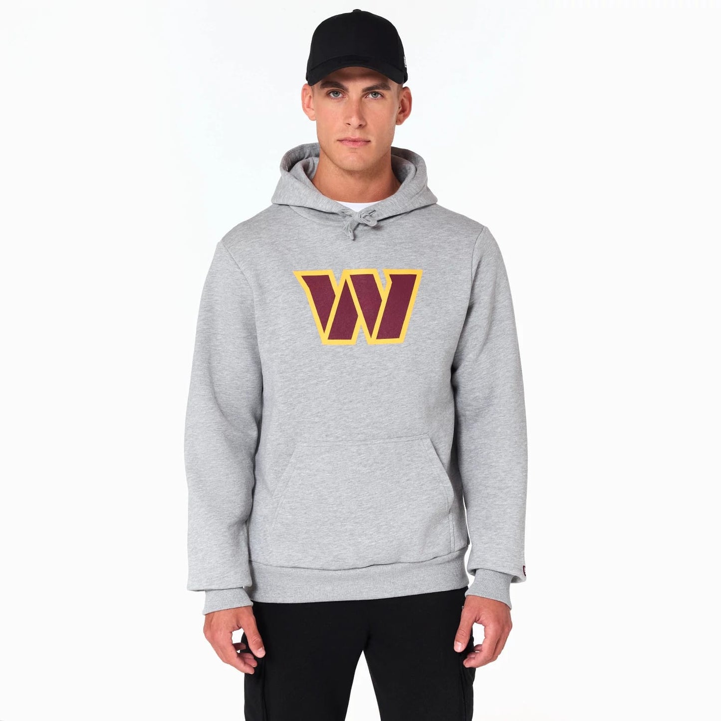 The Male model is wearing Washington Commanders NFL Grey Pullover Hoodie 1