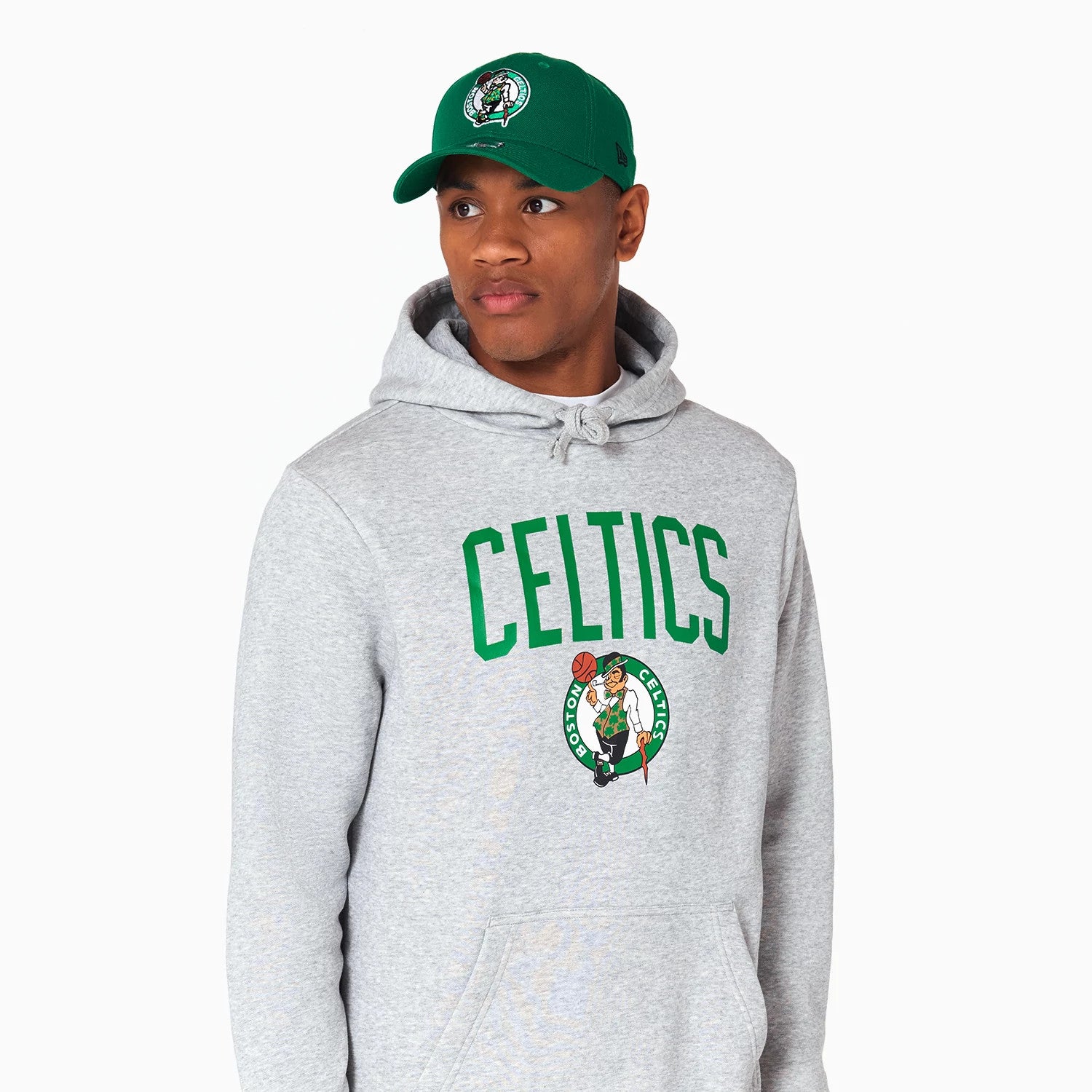 The Male model is wearing Boston Celtics NBA Grey Pullover Hoodie 4