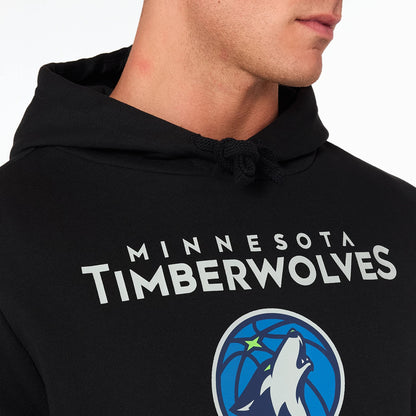 New Era Minnesota Timberwolves NBA Black Pullover Hoodie, front view showing the black fabric with a large printed Timberwolves logo centred on the chest, white MINNESOTA TIMBERWOLVES text above the logo, and a drawstring hood.