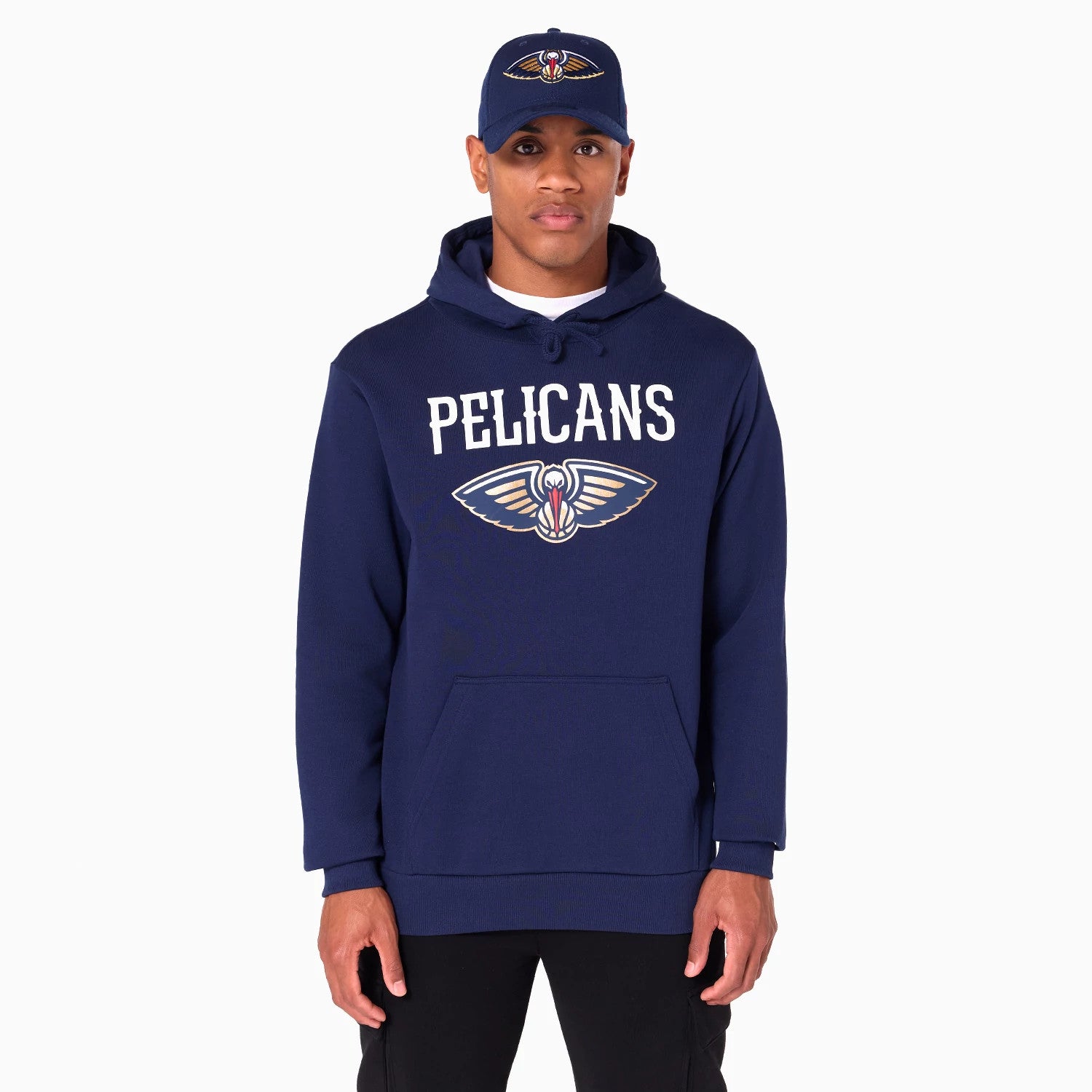 The Male model is wearing New Orleans Pelicans NBA Navy Pullover Hoodie 1