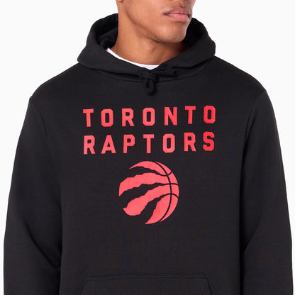 New Era Toronto Raptors NBA Black Pullover Hoodie, front view showing bold red lettering spelling Toronto Raptors across the chest with a large red clawed basketball symbol underneath on a black fabric background.