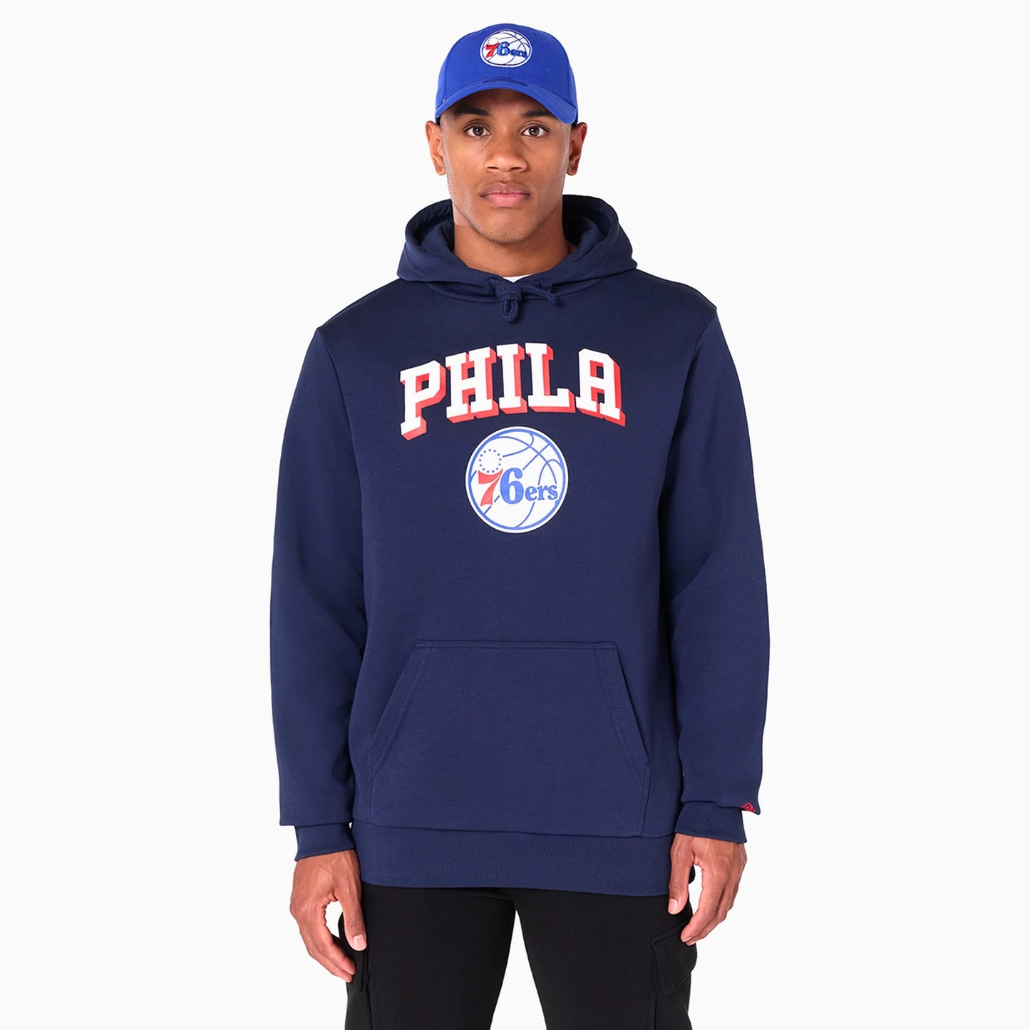 The Male model is wearing Philadelphia 76ers NBA Navy Pullover Hoodie 1
