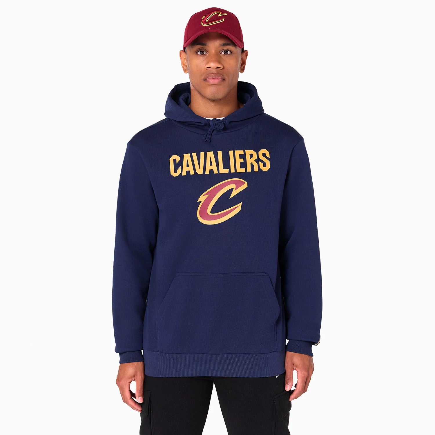 The Male model is wearing Cleveland Cavaliers NBA Navy Pullover Hoodie 1