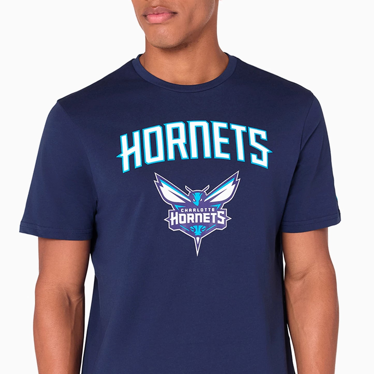 The Male model is wearing Charlotte Hornets NBA Navy T-Shirt 2