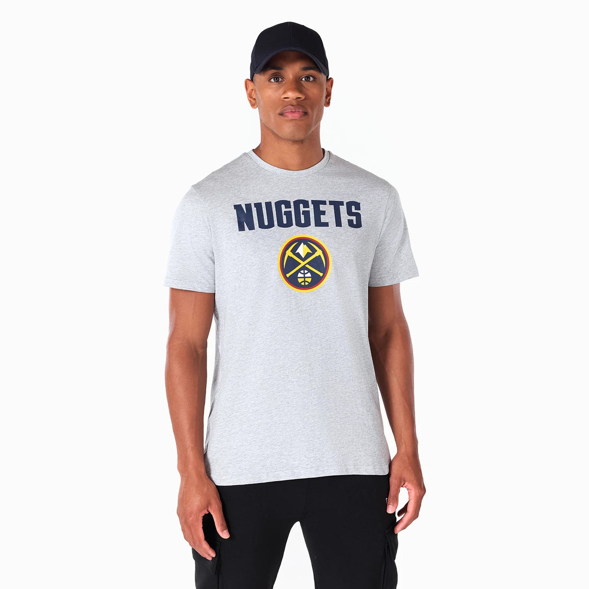 New Era Denver Nuggets NBA Grey T-Shirt, front view showing the grey fabric with NUGGETS in bold navy letters above an embroidered team logo in navy and gold centred on the chest.