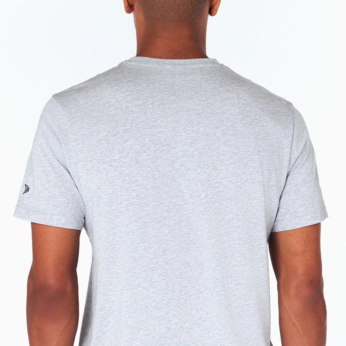 New Era Denver Nuggets NBA Grey T-Shirt, rear view showing the plain grey back with short sleeves, and a small black embroidered New Era logo on the left sleeve near the shoulder.