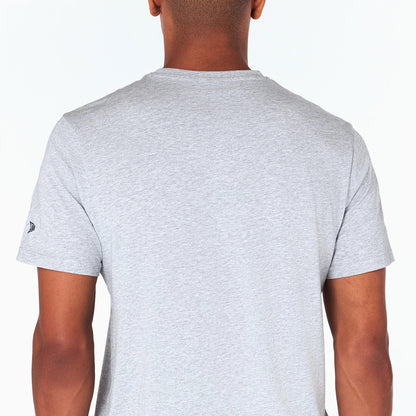 New Era Denver Nuggets NBA Grey T-Shirt, rear view showing the plain grey back with short sleeves, and a small black embroidered New Era logo on the left sleeve near the shoulder.