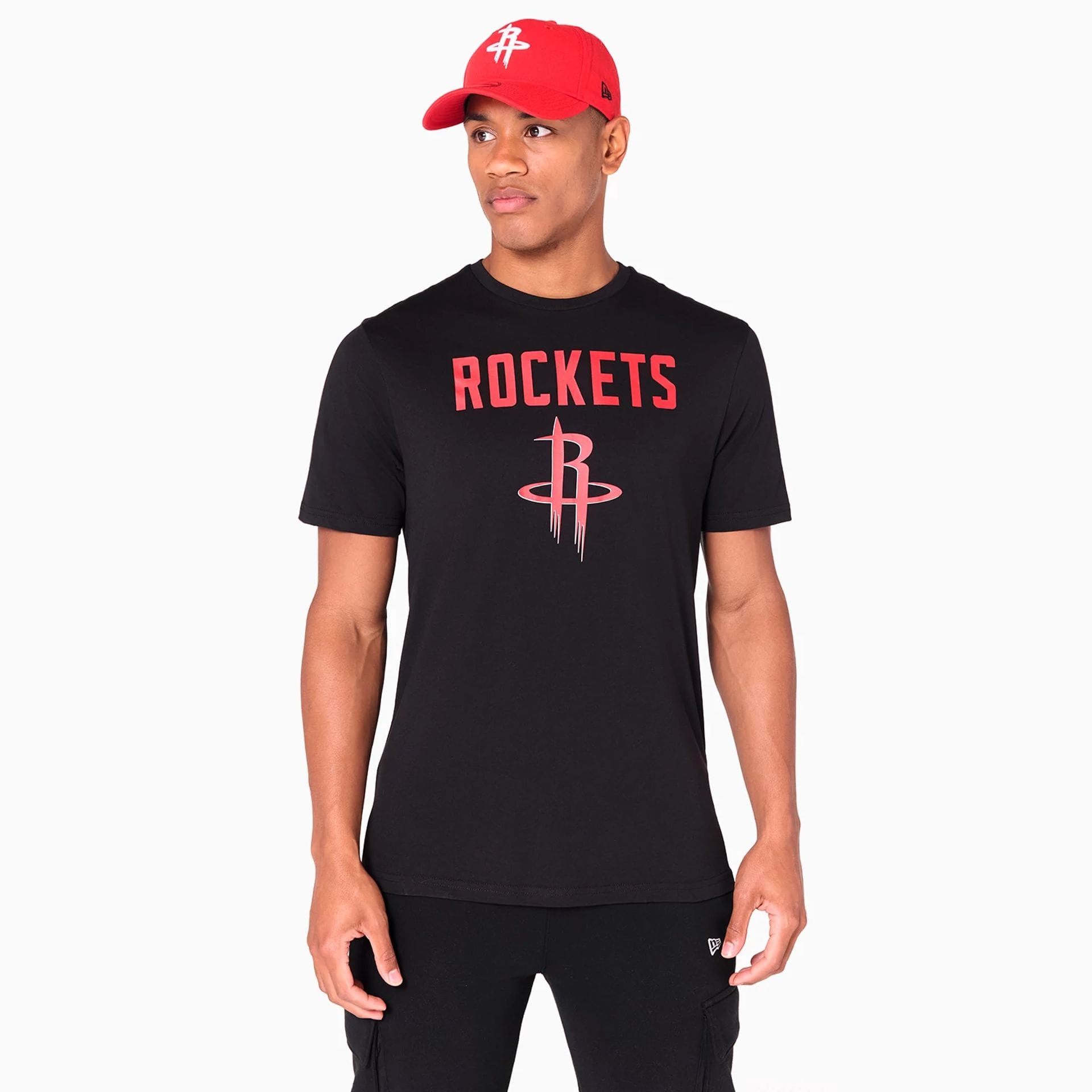 The Male model is wearing Houston Rockets NBA Black T-Shirt 1