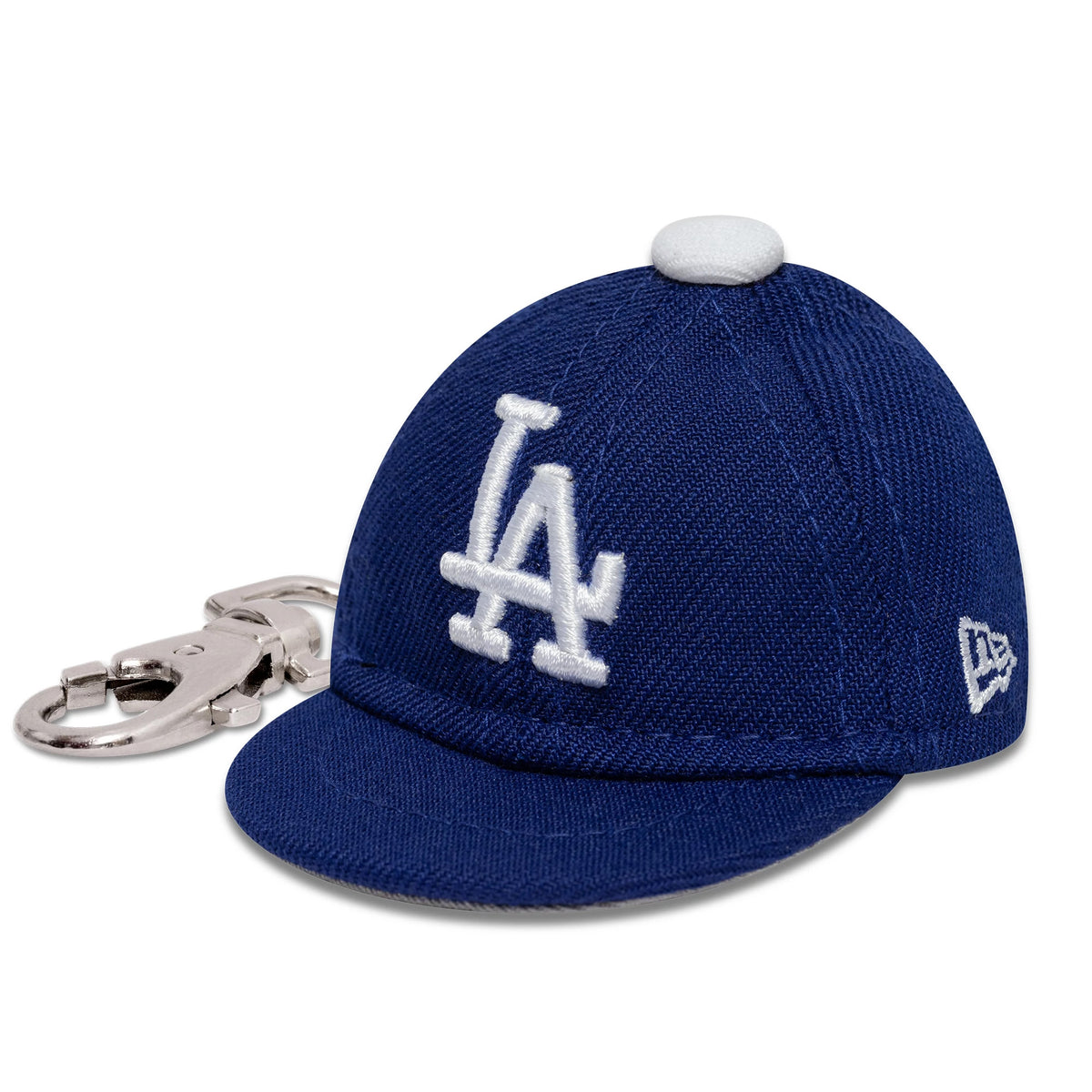 New Era LA Dodgers MLB Mini Cap Dark Blue Key Chain, front view showing the white embroidered LA logo on the structured dark blue crown, with a curved visor and New Era flag logo on the left side.