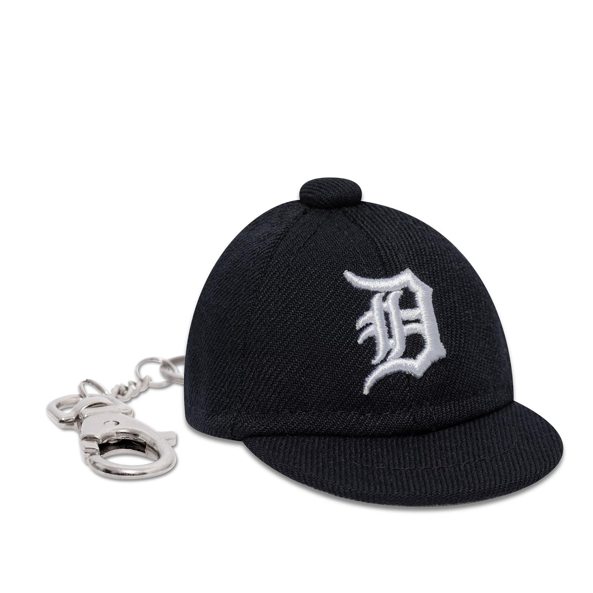 New Era Detroit Tigers MLB Mini Cap Navy Key Chain, front view showing the white embroidered D logo on the structured navy crown and small visor, with attached silver keyring and clasp.