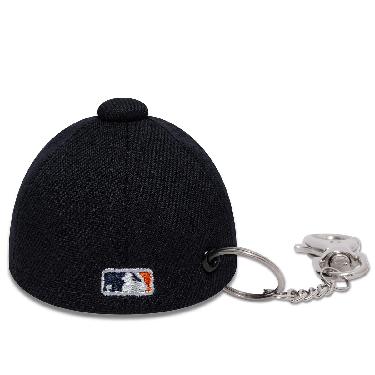 New Era Detroit Tigers MLB Mini Cap Navy Key Chain, rear view with the white MLB Batterman logo embroidered at the centre of the navy crown, featuring a silver keyring and clasp attached near the base.
