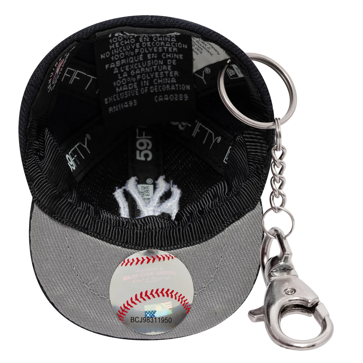 New Era New York Yankees MLB Mini Cap Navy Key Chain, inside view showing the black sweatband with 59FIFTY taping, grey undervisor with an MLB sticker, and keychain attachment featuring a silver clasp.
