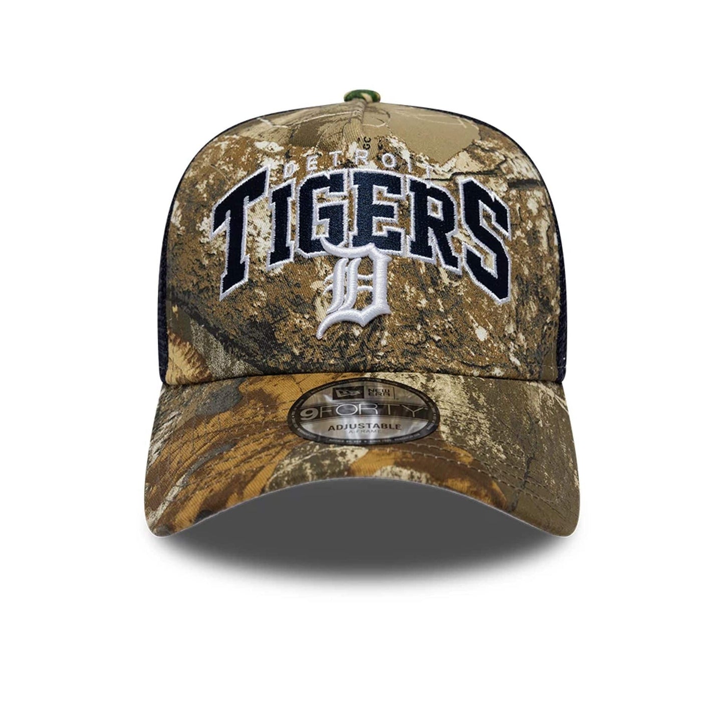 Pictured is this MLB Realtree Camo Detroit Tigers 9FORTY A-Frame Trucker Adjustable cap in navy. 3