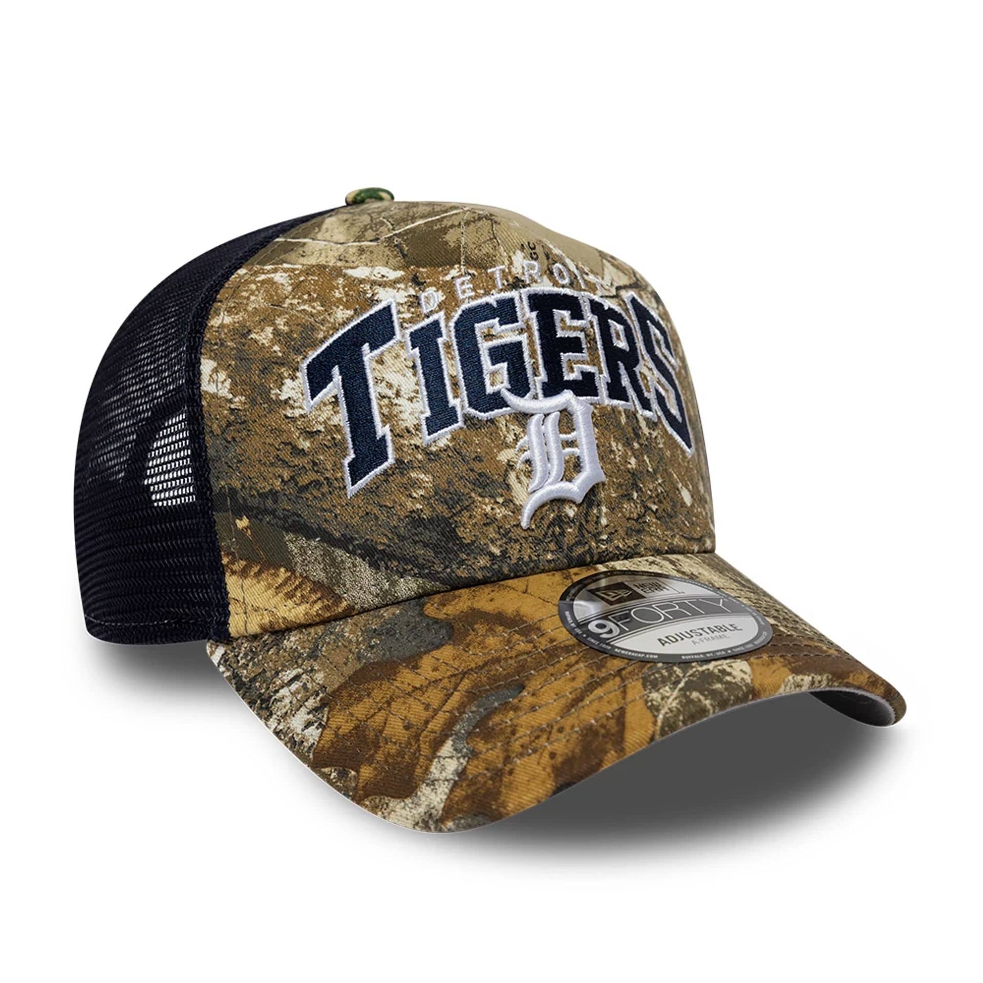 Pictured is this MLB Realtree Camo Detroit Tigers 9FORTY A-Frame Trucker Adjustable cap in navy. 4