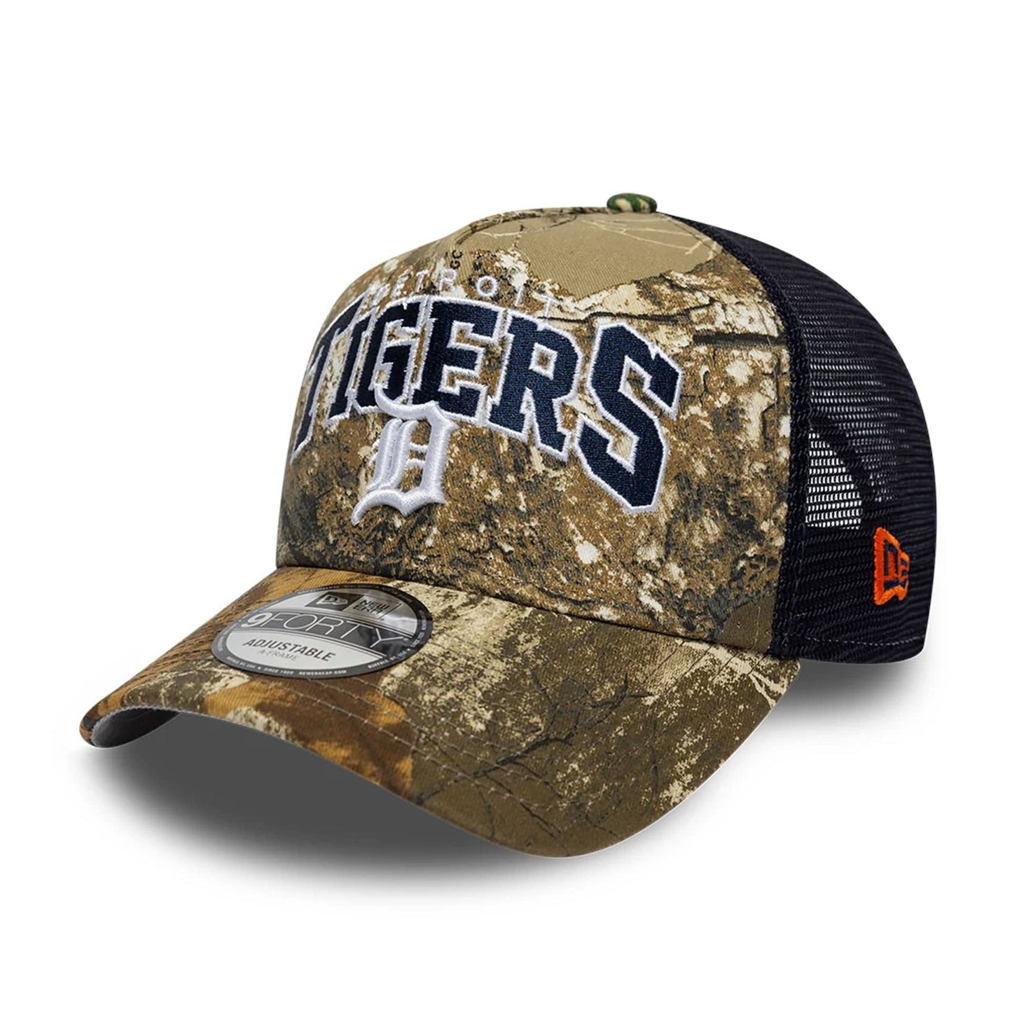 Pictured is this MLB Realtree Camo Detroit Tigers 9FORTY A-Frame Trucker Adjustable cap in navy. 1