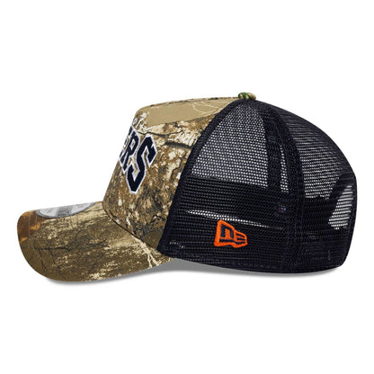 Pictured is this MLB Realtree Camo Detroit Tigers 9FORTY A-Frame Trucker Adjustable cap in navy. 5