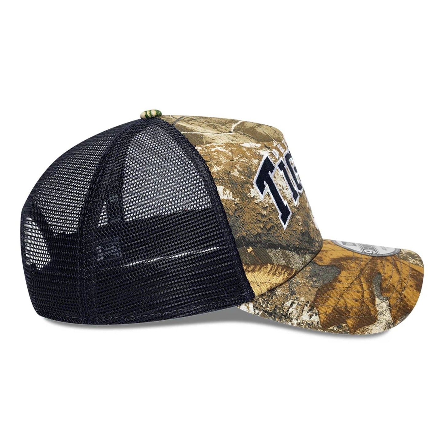 Pictured is this MLB Realtree Camo Detroit Tigers 9FORTY A-Frame Trucker Adjustable cap in navy. 6