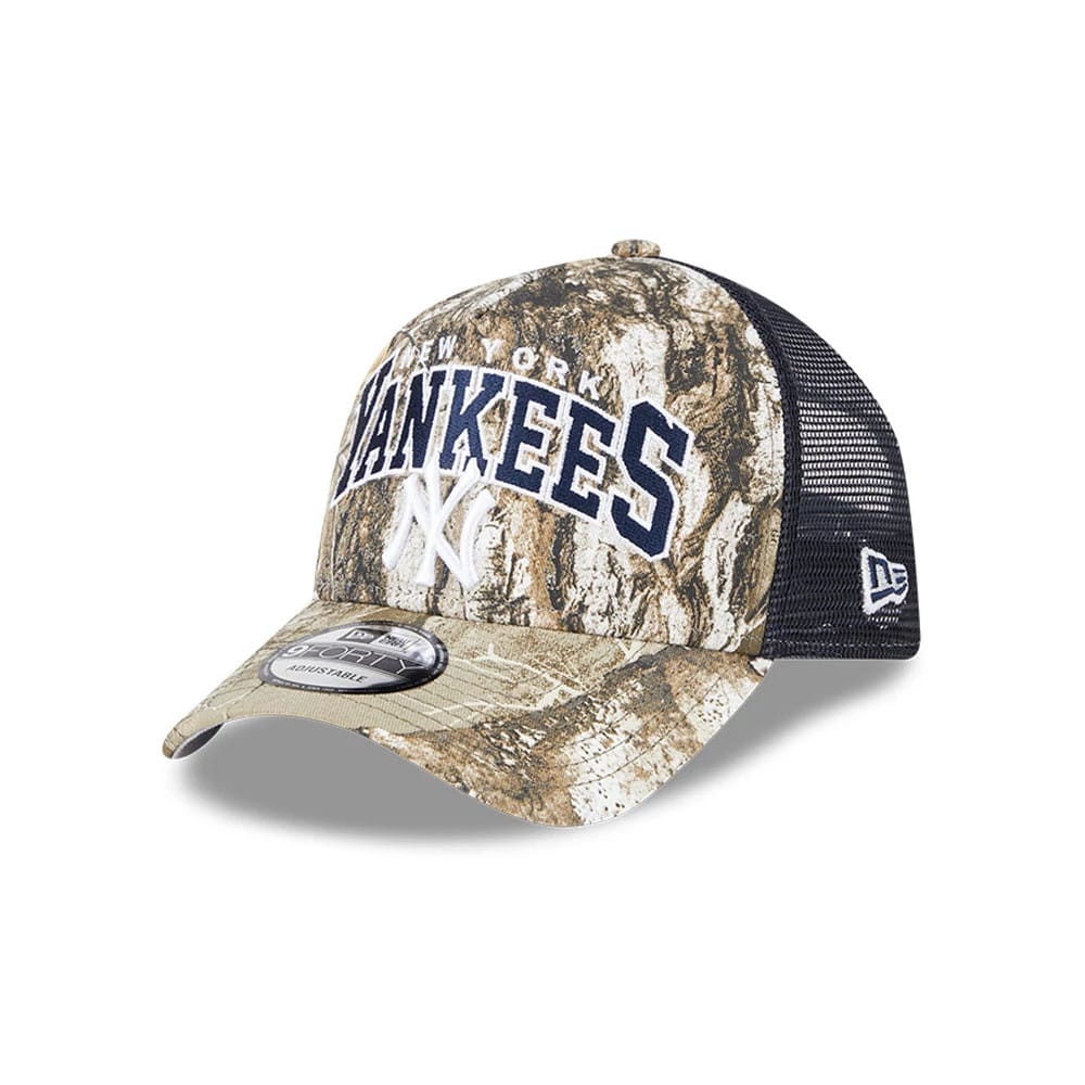 Pictured is this MLB Realtree Camo New York Yankees 9FORTY A-Frame Trucker Adjustable cap in navy. 1