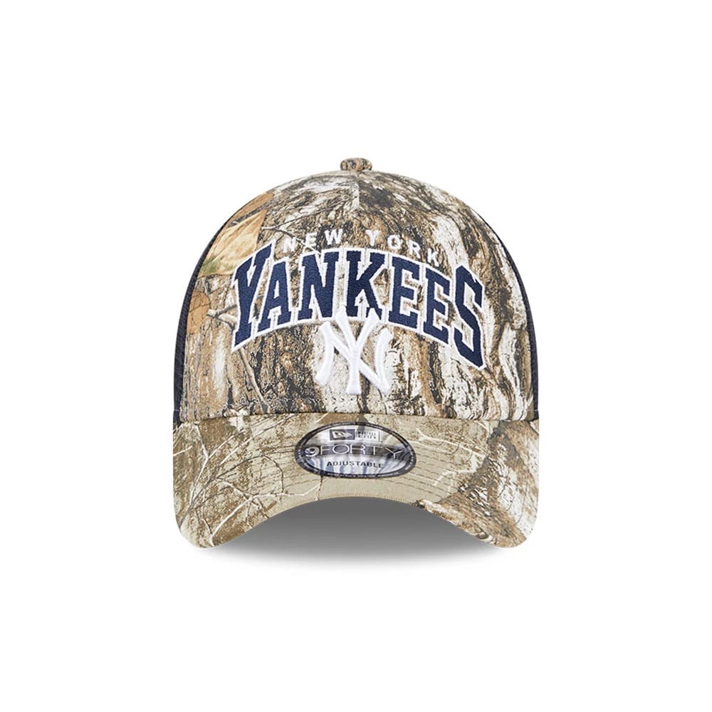 Pictured is this MLB Realtree Camo New York Yankees 9FORTY A-Frame Trucker Adjustable cap in navy. 3