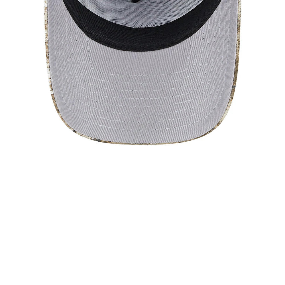 New York Yankees MLB Realtree Camo Navy New Era 9FORTY A-Frame Trucker Adjustable Cap, inside view showing the grey undervisor, black taping around the crown, and the integrated sweatband across the forehead area.