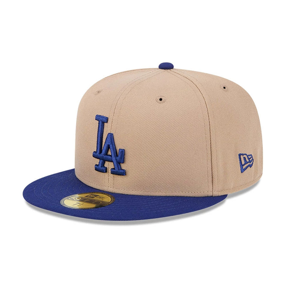 Pictured is this MLB Evergreen LA Dodgers 59FIFTY Fitted cap in light beige. 1
