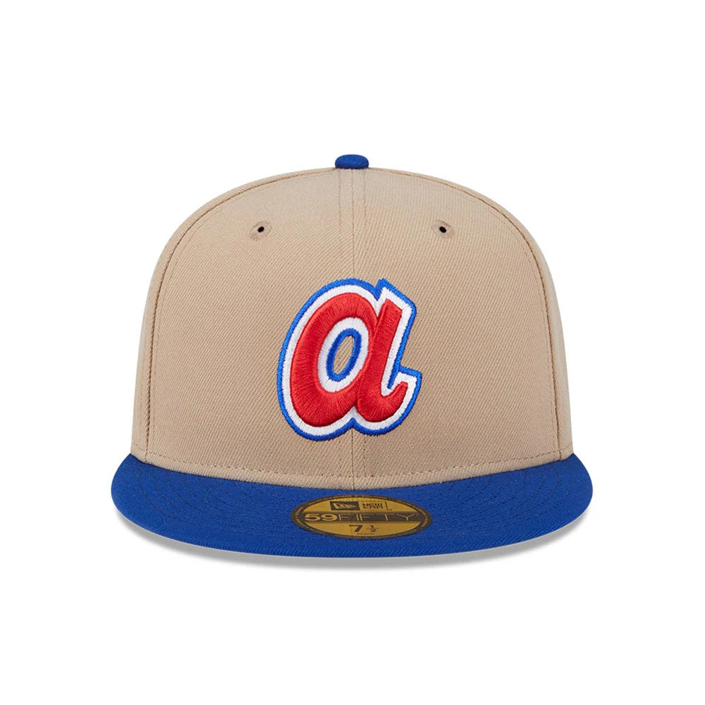 Atlanta Braves MLB Evergreen Light Beige New Era 59FIFTY Fitted Cap, front view showing a red and blue embroidered A logo on the light beige front panel, with a blue visor and gold 59FIFTY size sticker on top.
