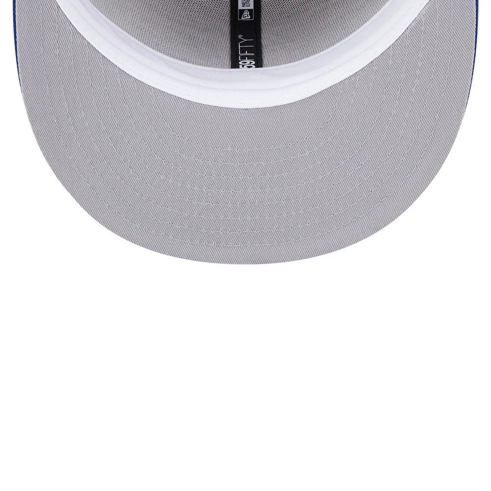 Atlanta Braves MLB Evergreen Light Beige New Era 59FIFTY Fitted Cap, inside view showing the grey undervisor, white sweatband and black taping with 59FIFTY branding under the structured crown.