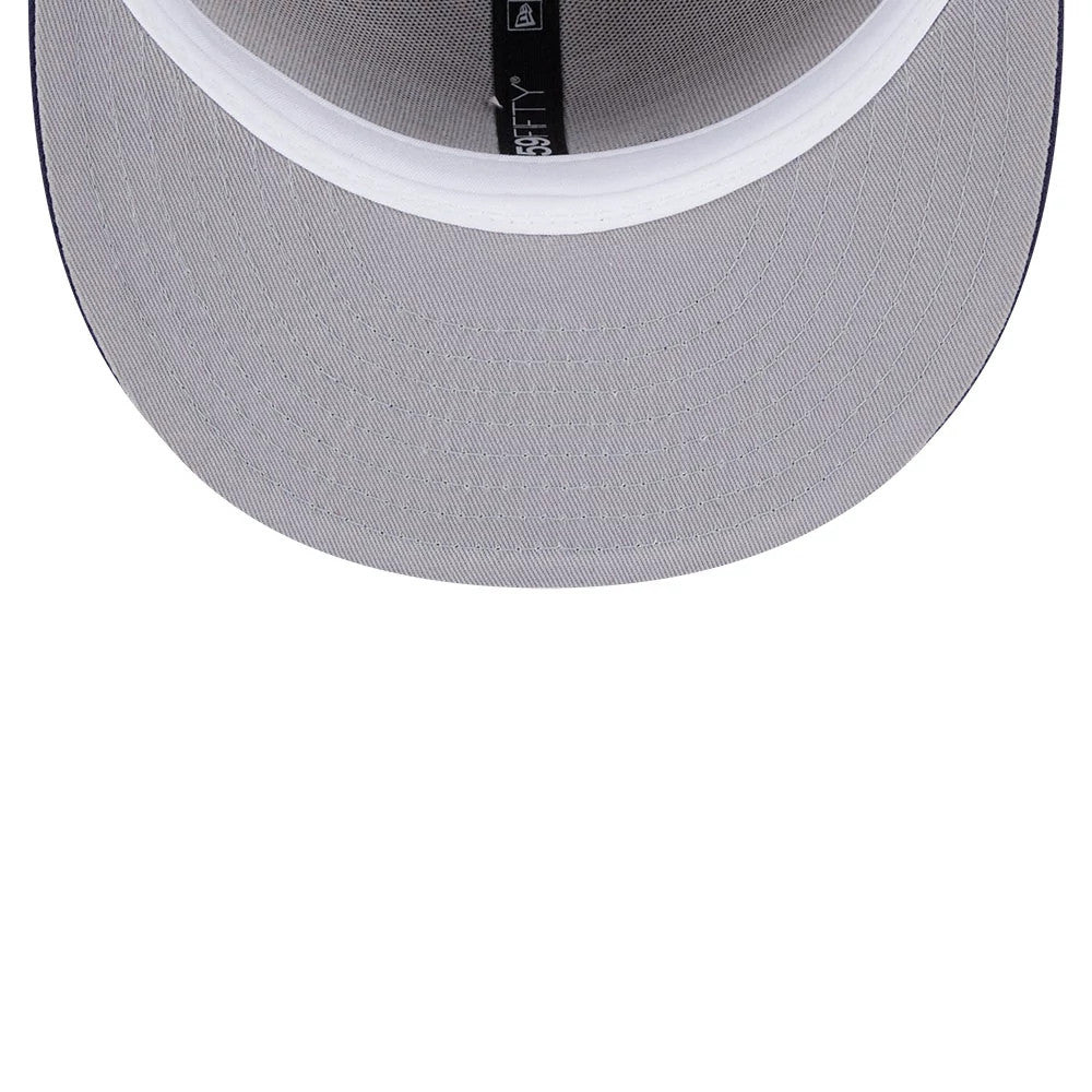 Chicago White Sox MLB Evergreen Light Beige New Era 59FIFTY Fitted Cap, inside view showing the white undervisor, black taping with New Era and 59FIFTY branding, and the stitching details around the brim.
