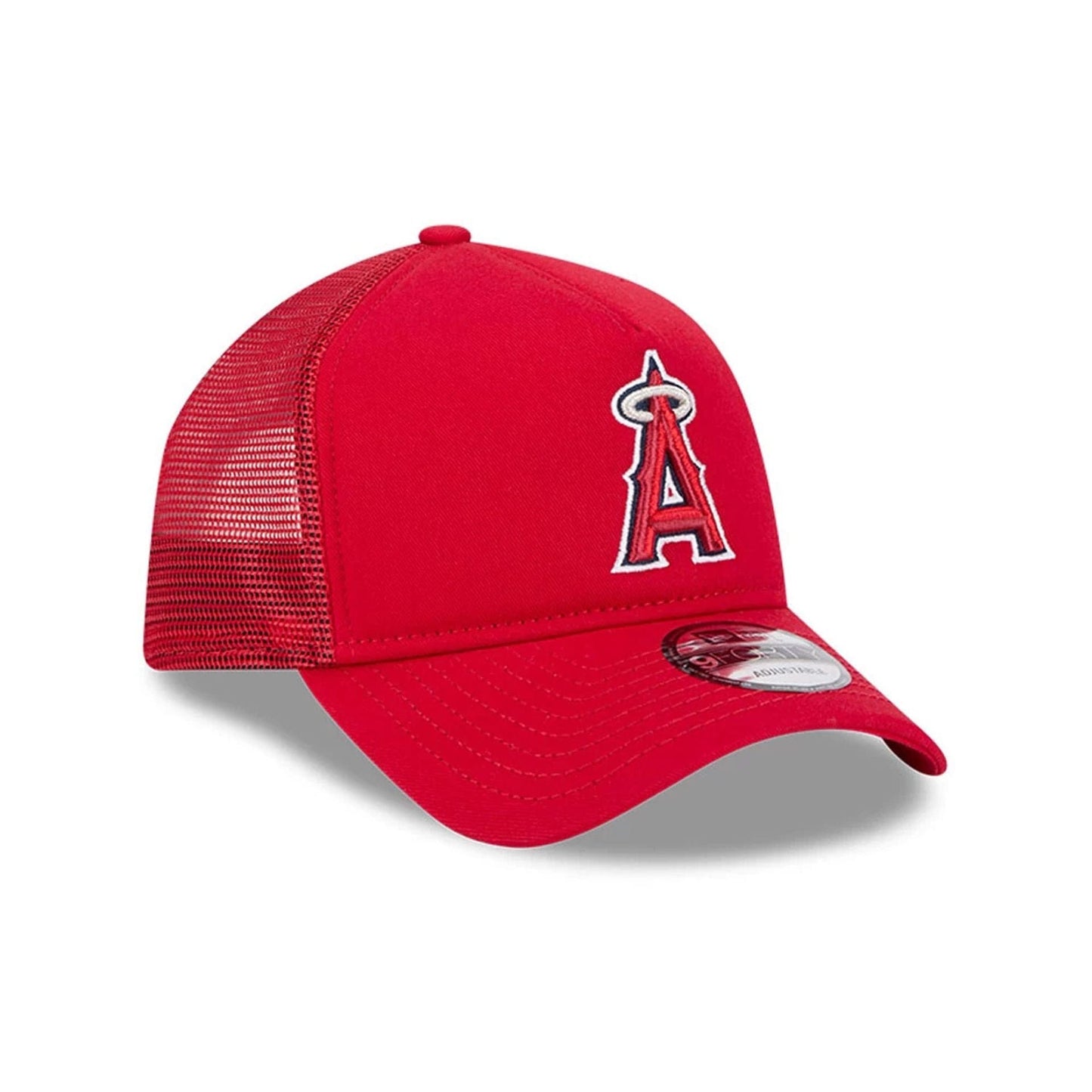 Pictured is this MLB Evergreen LA Angels 9FORTY A-Frame cap in red. 3