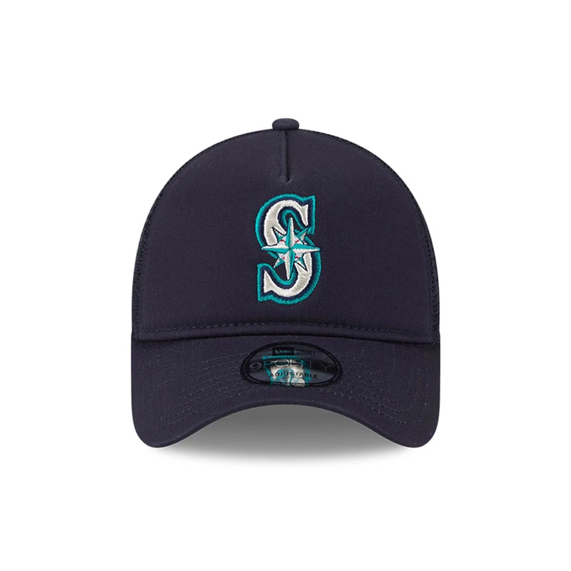 Pictured is this MLB Evergreen Seattle Mariners 9FORTY A-Frame cap in navy. 2