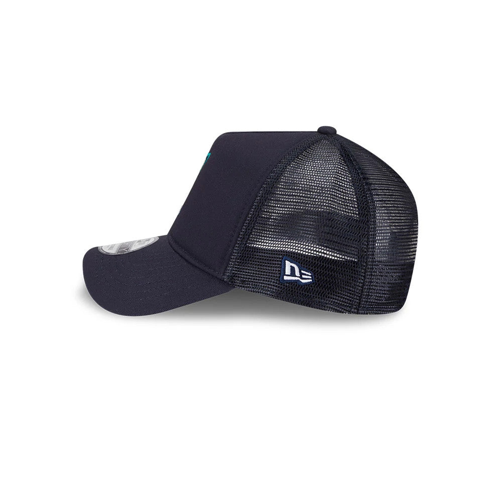 Seattle Mariners MLB Evergreen Navy New Era 9FORTY A-Frame Adjustable Cap, side view showing the white New Era flag logo on the mesh back panels and the pre-curved visor with a 9FORTY size sticker.