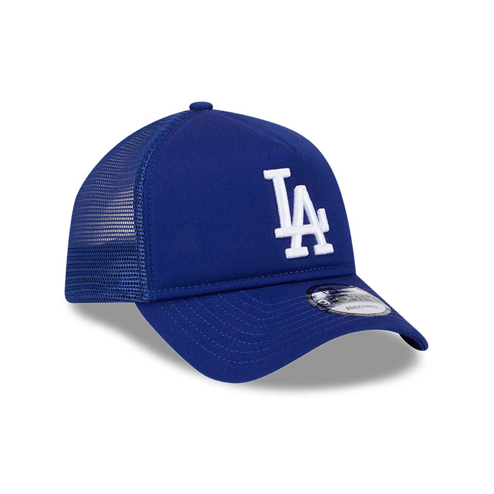 LA Dodgers MLB Evergreen Dark Blue New Era 9FORTY A-Frame Adjustable Cap, three-quarter view with a white LA logo embroidered on the front panel and a 9FORTY size sticker on the curved visor, contrasted by the dark blue mesh side panels.