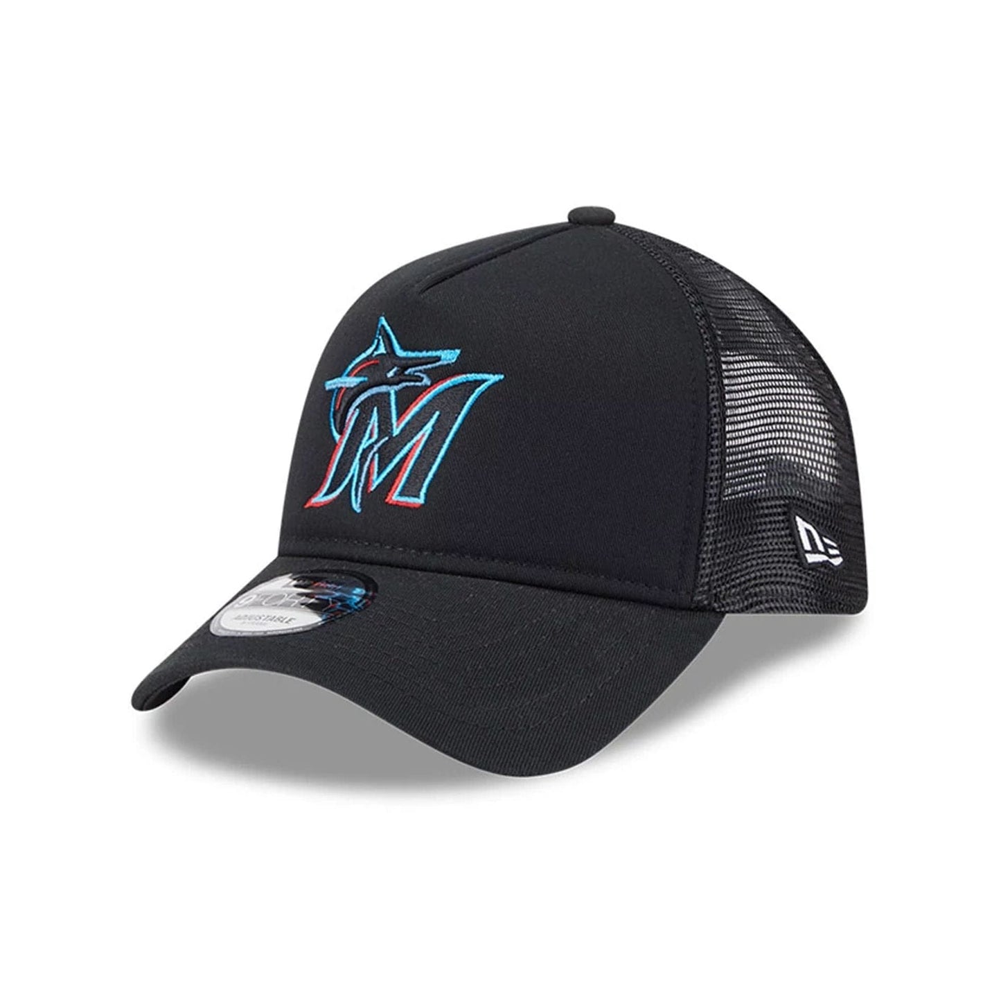 Pictured is this MLB Evergreen Miami Marlins 9FORTY A-Frame cap in black. 1