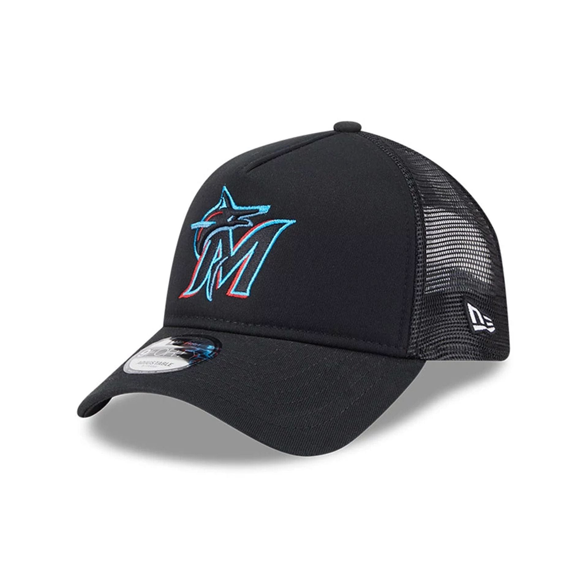 Pictured is this MLB Evergreen Miami Marlins 9FORTY A-Frame cap in black. 1