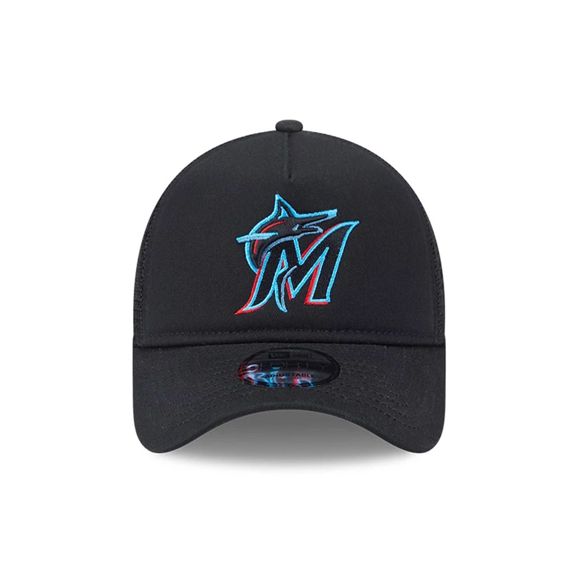 Pictured is this MLB Evergreen Miami Marlins 9FORTY A-Frame cap in black. 2
