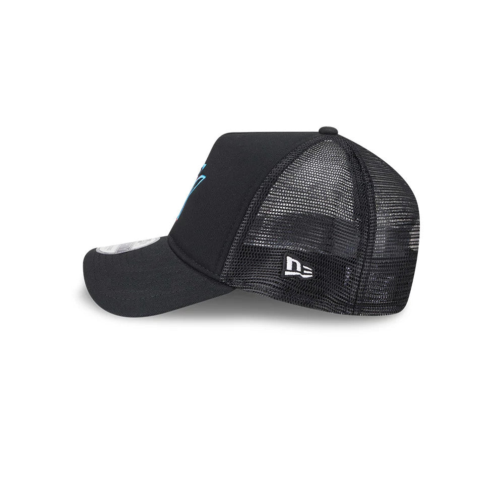 Miami Marlins MLB Evergreen Black New Era 9FORTY A-Frame Adjustable Cap, side view showing the white embroidered New Era flag logo on the black mesh panels, with a curved visor and a 9FORTY size sticker on top.