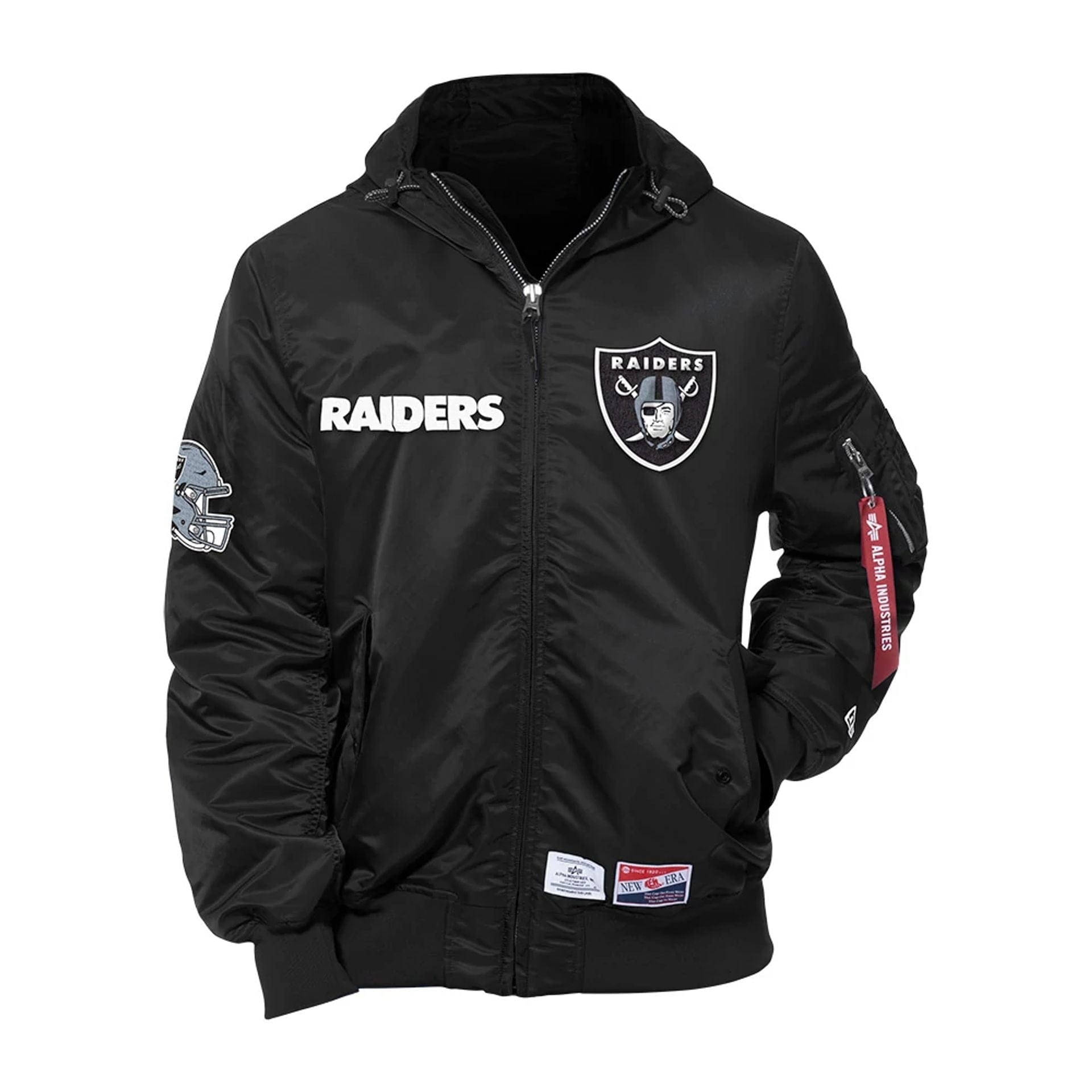 Las Vegas Raiders NFL x Alpha Industries Black Hooded Bomber Jacket New Era Cap UK