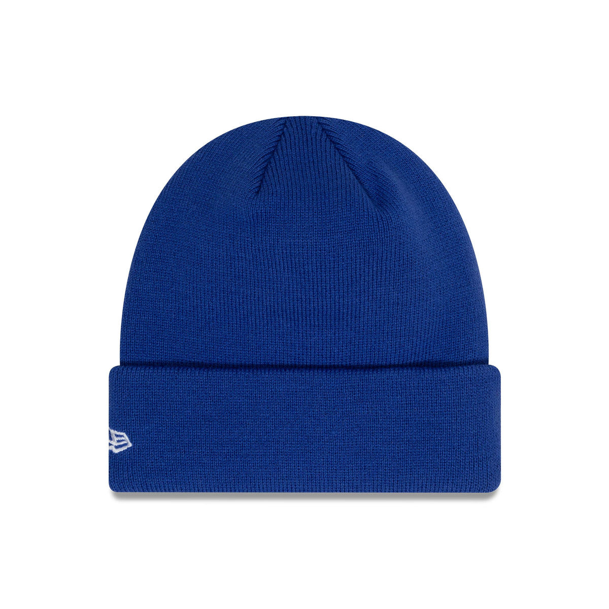 New Era Chelsea FC Lion Crest Core Blue Cuff Knit Beanie Hat, front view with the white embroidered New Era flag logo on the left side above the folded cuff, showcasing a seamless blue knit design.
