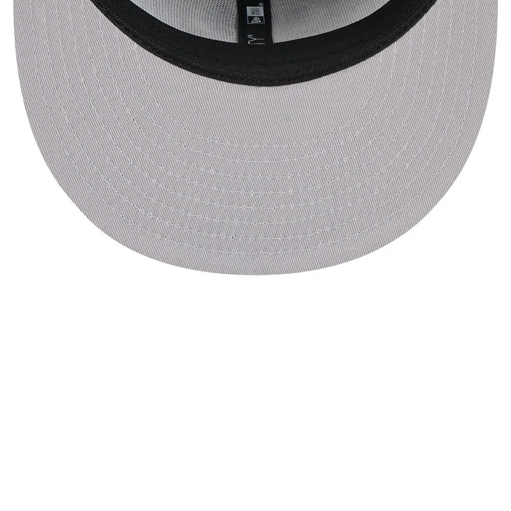 LA Dodgers MLB Evergreen Dark Blue New Era 9FIFTY Snapback Adjustable Cap, inside view showing the grey undervisor, black sweatband, and black taping with New Era branding running around the interior.