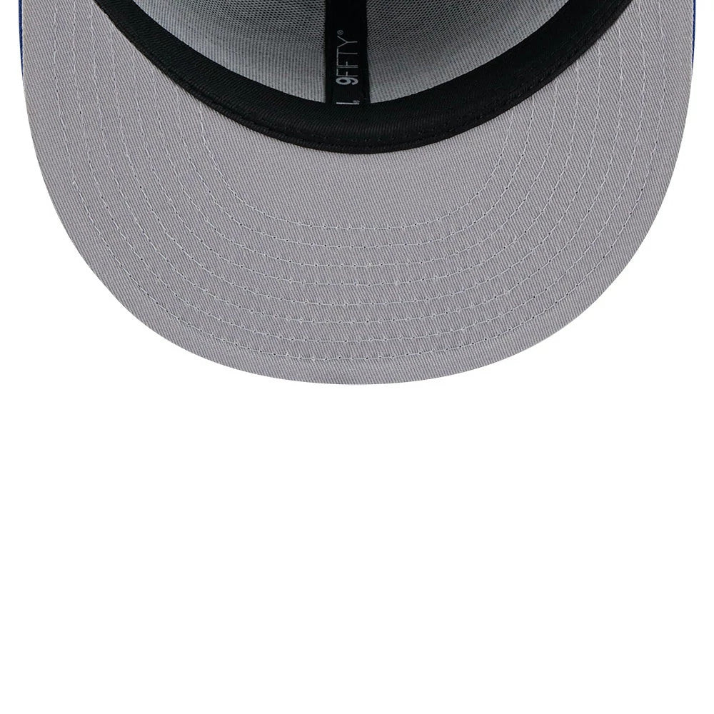 Detroit Tigers MLB Evergreen Navy New Era 9FIFTY Snapback Adjustable Cap, inside view showing the grey undervisor, black sweatband, and 9FIFTY label on the inner taping for a detailed look at the interior elements.