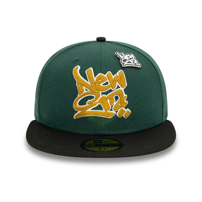 This is a New Era Front Script 59FIFTY Fitted Cap in dark green & black. 5