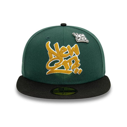 This is a New Era Front Script 59FIFTY Fitted Cap in dark green & black. 5