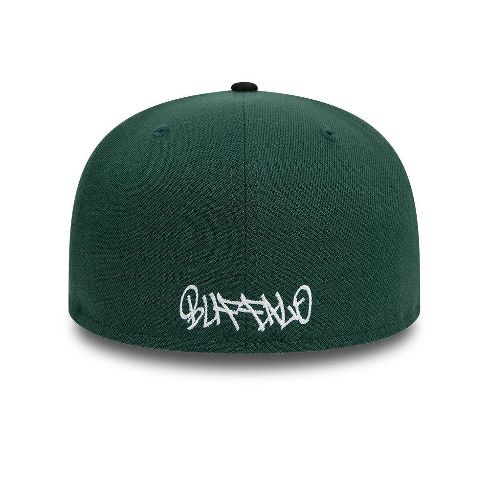 New Era Front Script Dark Green & Black 59FIFTY Fitted Cap, rear view showing white embroidered script lettering reading Buffalo centred on the dark green back panels, with matching green eyelets and a black top button.